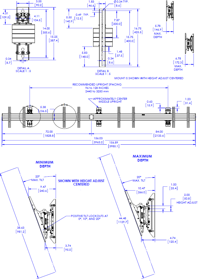 Technical drawing for Chief LWM4X1U Fusion Large 4x1 Wall Menu Board