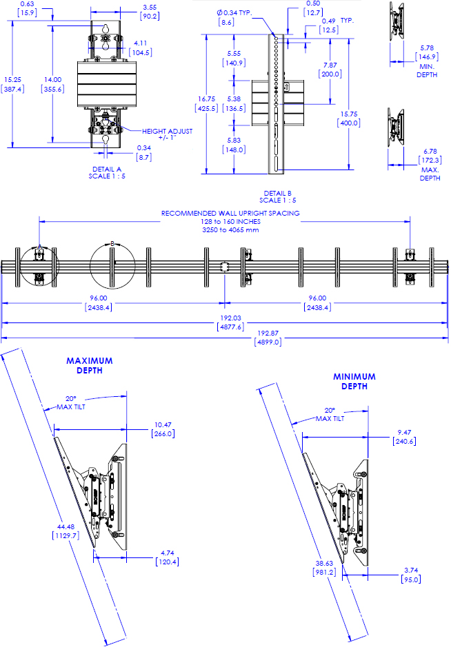 Technical drawing for Chief LWM5X1U Fusion Large 5X1 Wall Menu Board