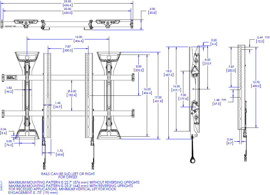 Technical Drawing for Chief MSM1U Medium Fusion Micro-Adjustable Fixed Wall Mount