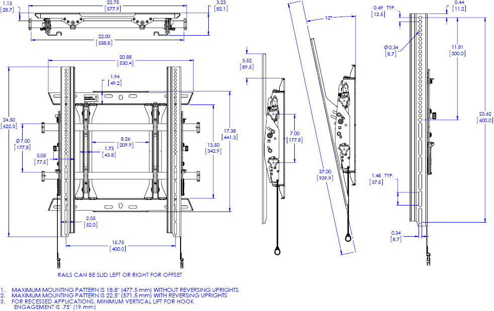 Technical Drawing for Chief MTMP1U Medium Fusion Micro-Adjustable Portrait Tilt Wall Mount