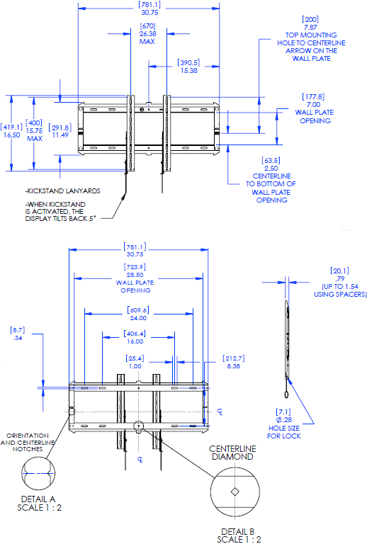 Technical Drawing for Chief RLF2 Low Profile Large Hinged Fixed Wall Mount