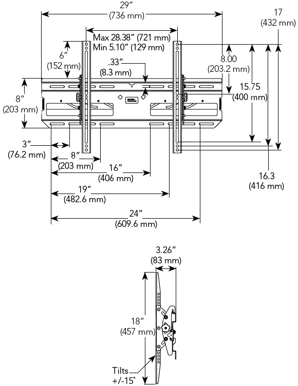 Technical Drawing for Chief RLT1 Large Flat Panel Universal Tilting Wall Mount