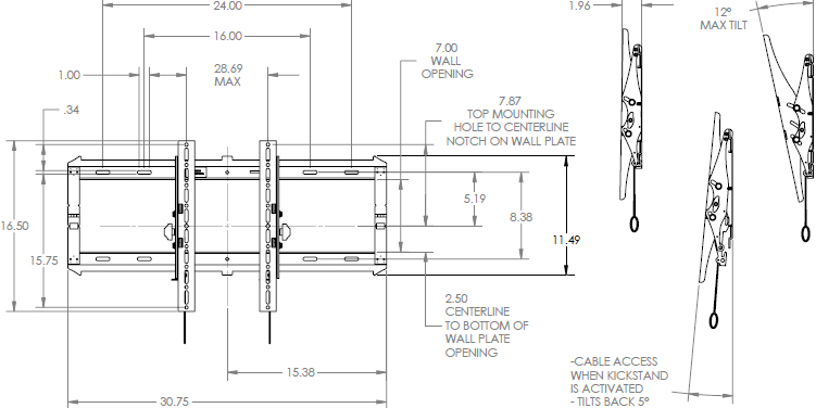 Technical Drawing for Chief RLT2 Large FIT Low-Profile Tilt Wall Mount (42-86