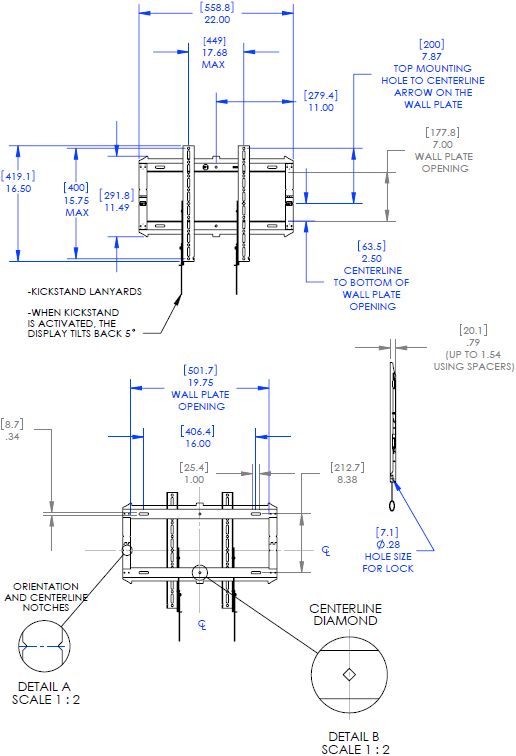 Technical Drawing for Chief RMF2 Low Profile Medium Hinged Fixed Wall Mount