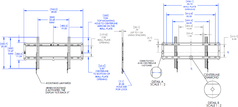 Technical Drawing for Chief RXF2 X-Large Low Profile Hinged Fixed Wall Mount