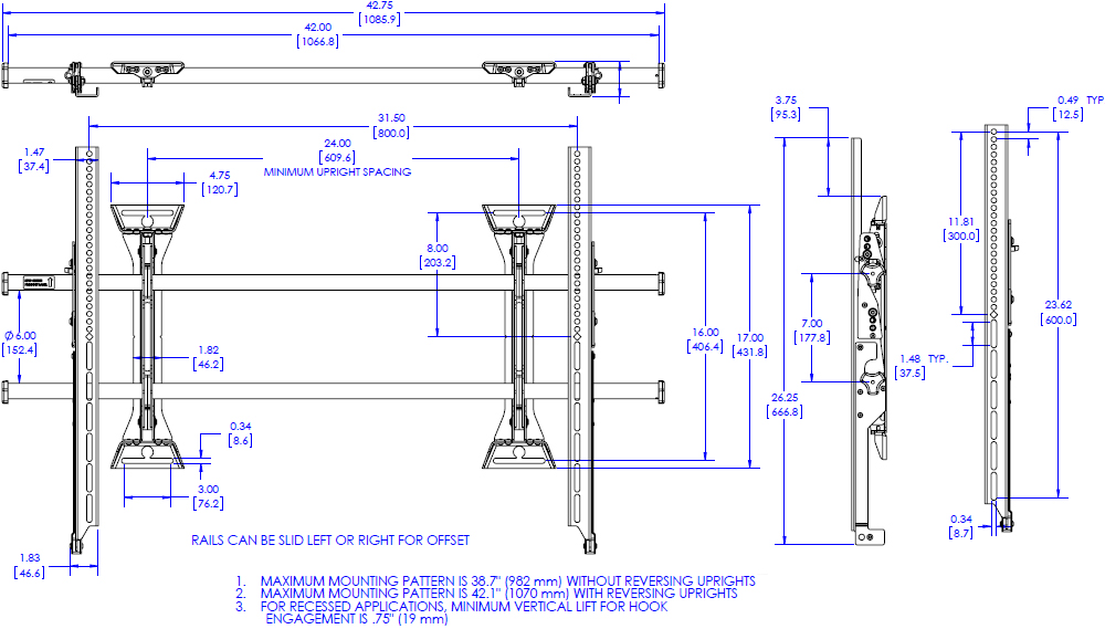 Technical Drawing for Chief XSM1U Fusion Micro-Adjustable Fixed Wall Mount