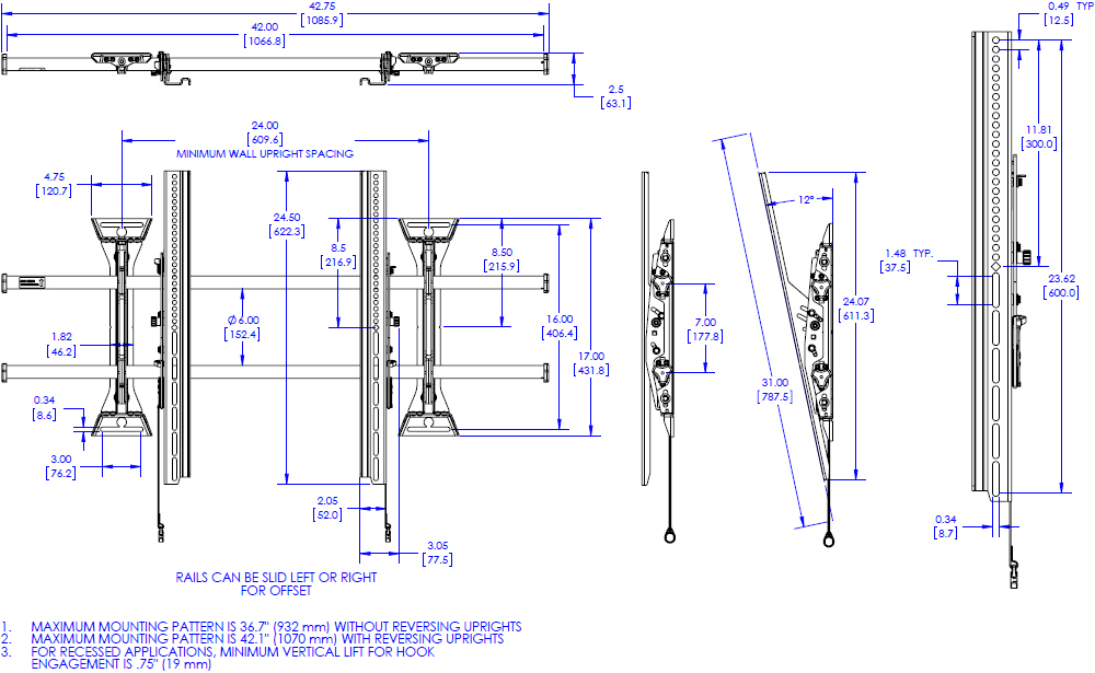 Technical Drawing for Chief XTM1U X-Large Fusion Micro-Adjustable Tilt Wall Mount (55-100