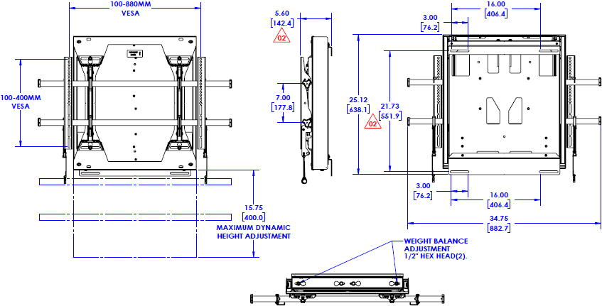 Technical Drawing for Chief MSD1U Medium Fusion Dynamic Height Adjustable Wall Mount