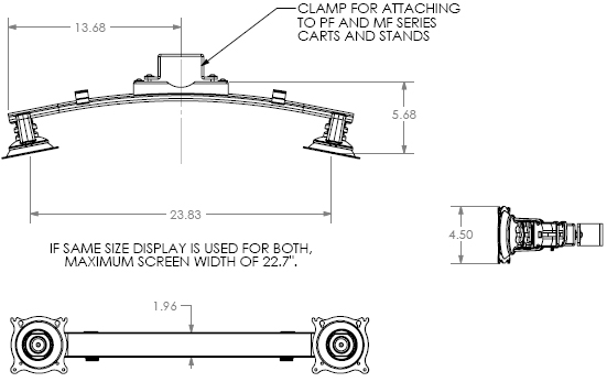 Technical Drawing for Chief KFA220B Dual Monitor Cart/Stand Accessory