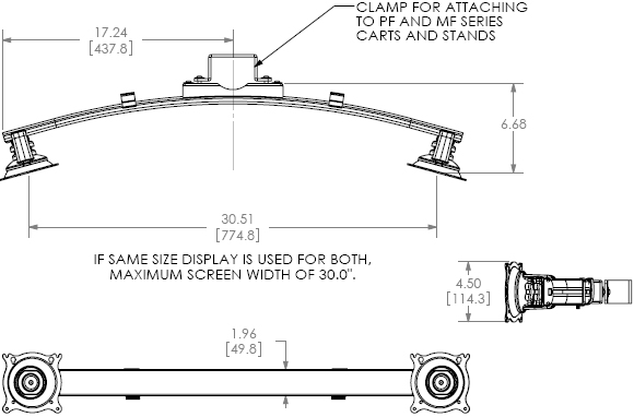 Drawing for Chief KFA225 Widescreen Dual Monitor Stand or Cart Accessory
