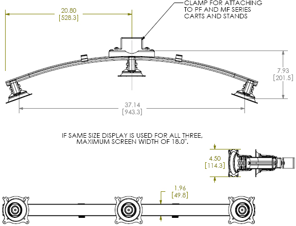 Technical Drawing for Chief KFA320 Triple Monitor Stand or Cart Accessory
