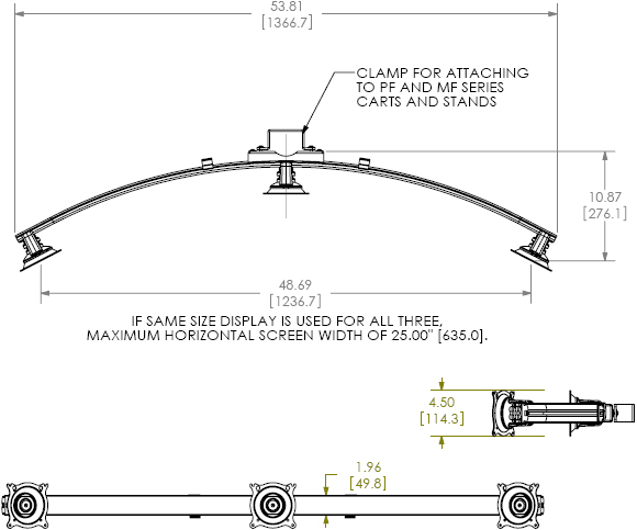 Technical Drawing for Chief KFA325 Flat Panel Widescreen Triple Monitor Stand or Cart Accessory
