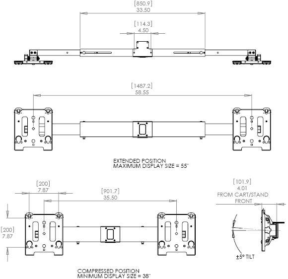 Technical Drawing for Chief MAC722 Dual Side-by-Side Accessory Black