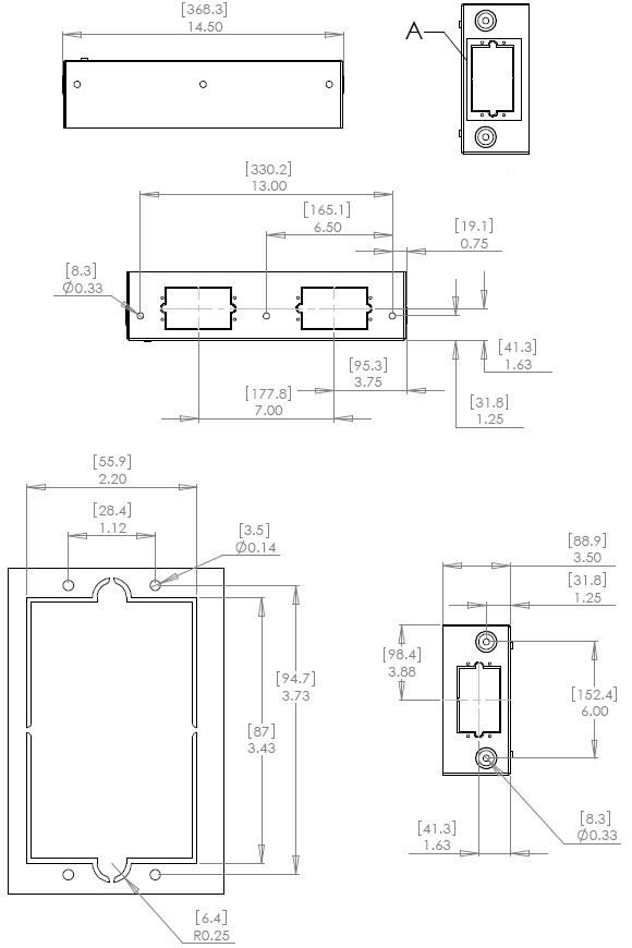 Technical Drawing for Chief PAC522 Flat Panel Pre-Wire In-Wall Box