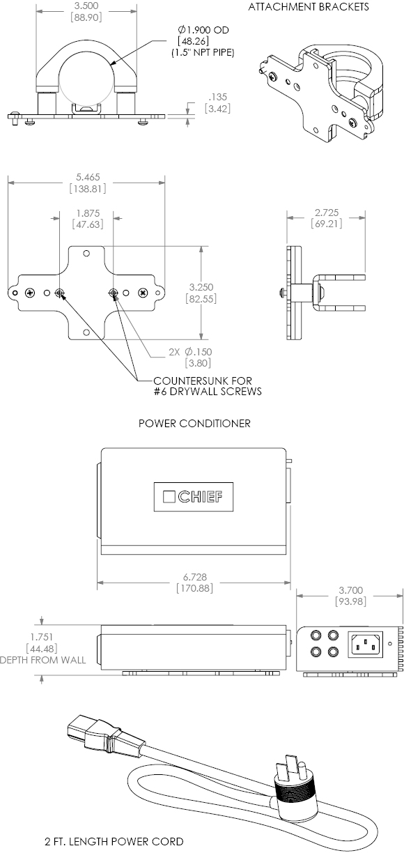 Technical Drawing for Chief PACPC1 Flat Panel Power Filter Kit Black