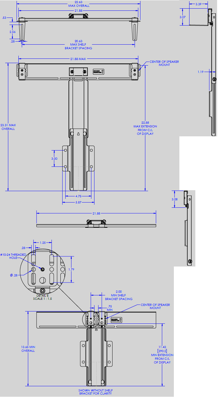 Technical Drawing for Chief SCASB or SCASW Voyager Speaker/Conferencing Bar Accessory