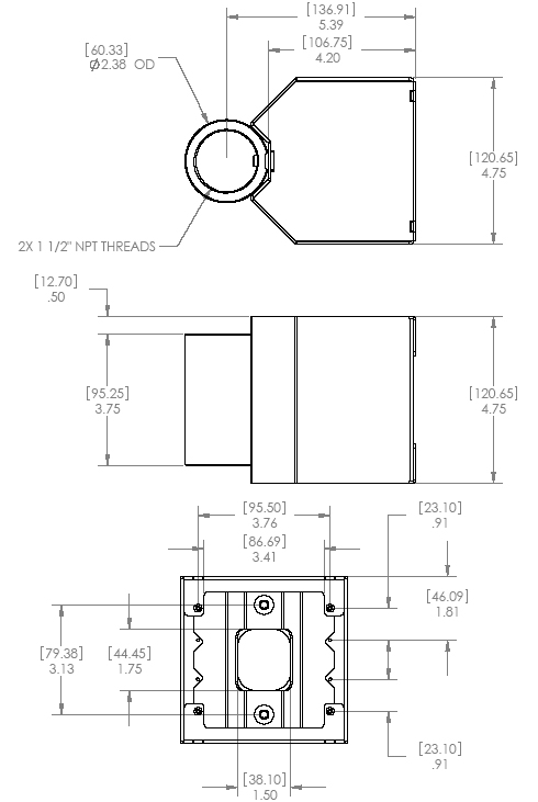 Technical Drawing of Chief CMA504 Dual Electric Outlet Coupler Black