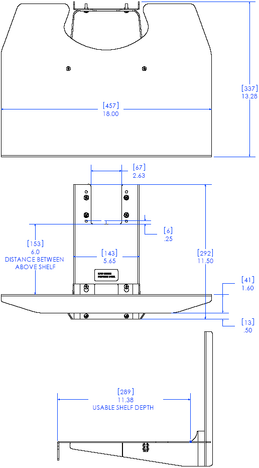 Technical Drawing of Chief FCD100 FUSION Stackable Component Shelf Black