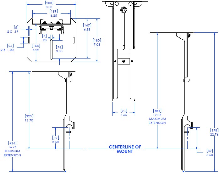 Technical Drawing of Chief FVS200 FUSION 8" Above Video Conferencing Camera Shelf