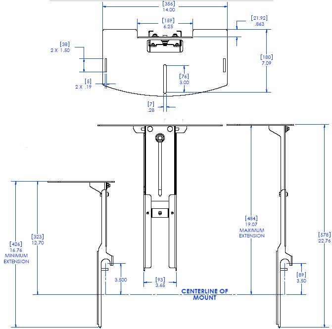 Technical Drawing of Chief FVS251 FUSION 14" Above Video Conferencing Camera Shelf