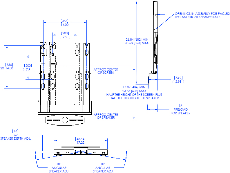 Technical Drawing of Chief PACCC2 Center Channel Speaker Adapter Black