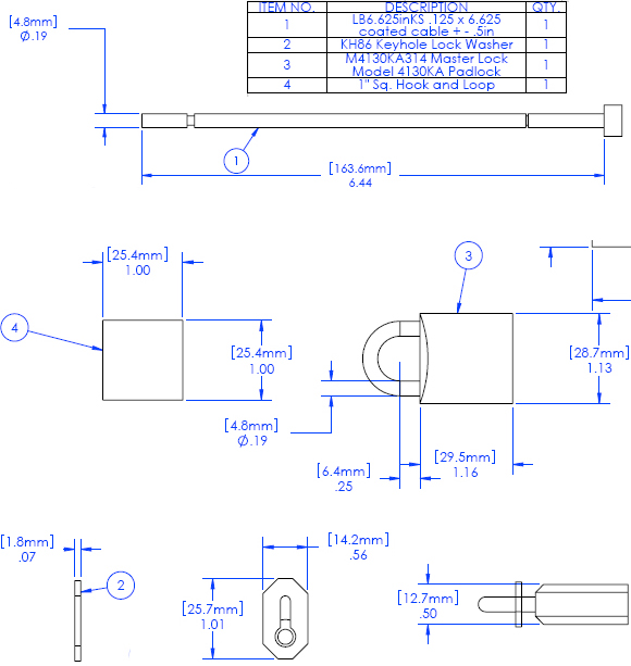 Technical Drawing for Chief PAC LK1 Cable Lock Security Kit