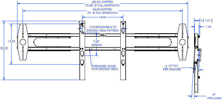 Technical Drawing of Chief PACLR2 Left or Right Speaker Adapter Black