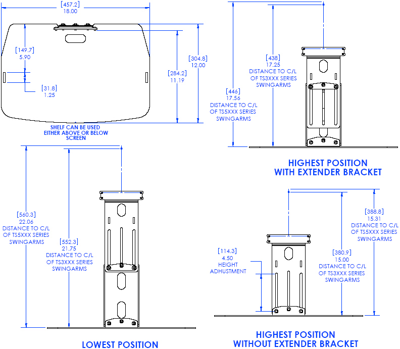 Technical Drawing of Chief TA100 Thinstall Component Shelf Black