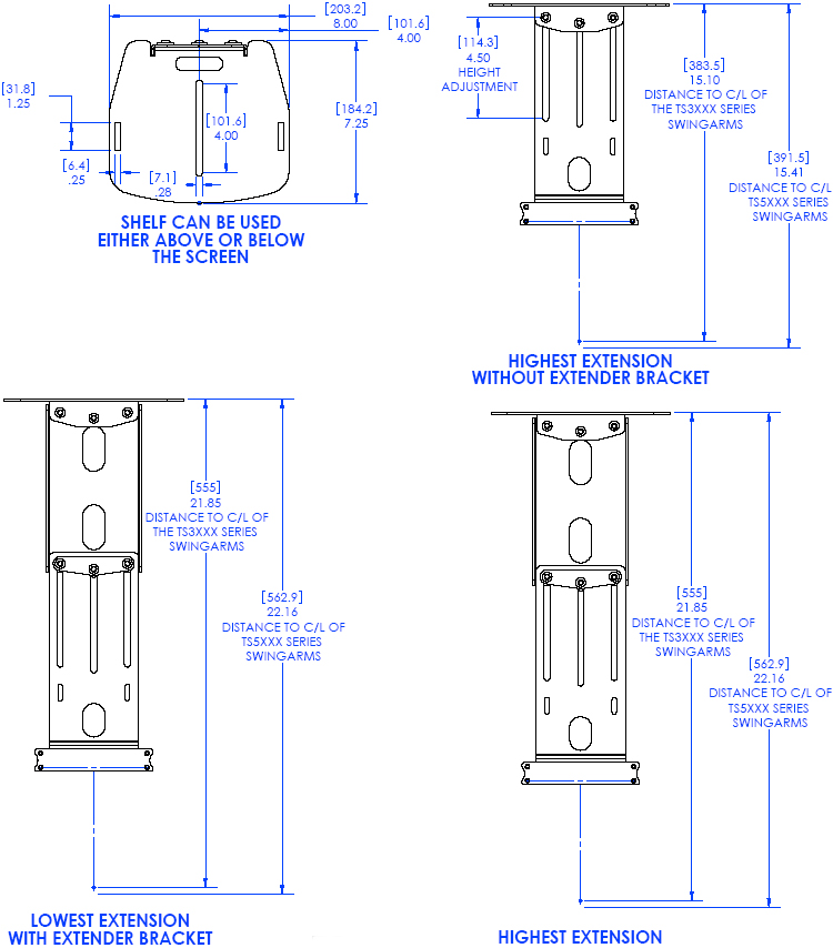 Technical Drawing of Chief TA200 Thinstall Video Conferencing Camera Shelf Black