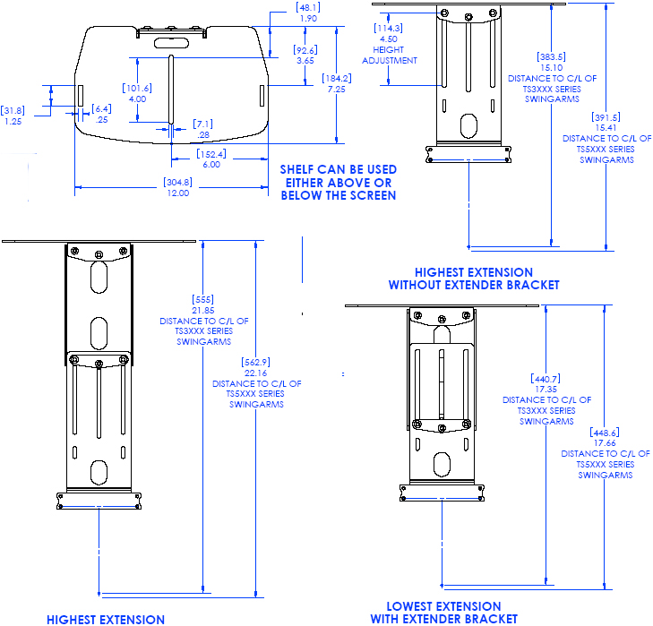 Technical Drawing of Chief TA250 Thinstall Video Conferencing Camera Shelf Black