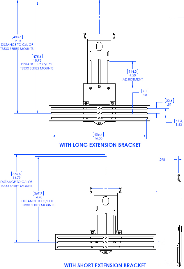 Technical Drawing of Chief TA350 Thinstall Center Channel Speaker Adapter Black