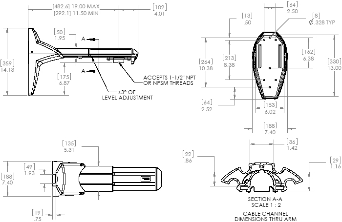 Technical Drawing of Chief WMA1s Heavy Duty Single Stud Wall Mount Accessory Silver