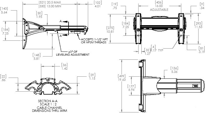 Technical Drawing of Chief WMA2S Heavy Duty Dual Stud Wall Mount Accessory Silver