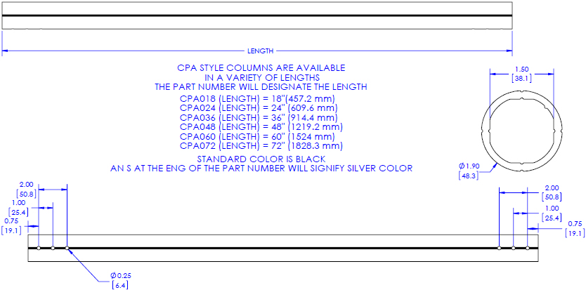 Technical Drawing for Chief CPA (CPA018, CPA024, CPA036, CPA048, CPA060, CPA072) Pin Connection Extension Column