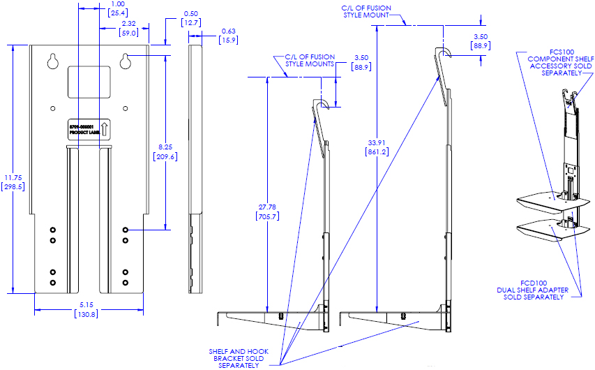 Technical Drawing for Chief FCA104 FUSION Component Shelf Extender