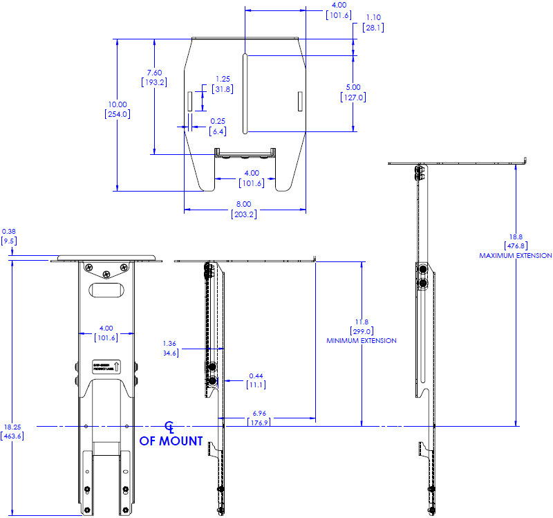 Technical Drawing for Chief FCA502 FUSION 8" Upper Video Conferencing Shelf