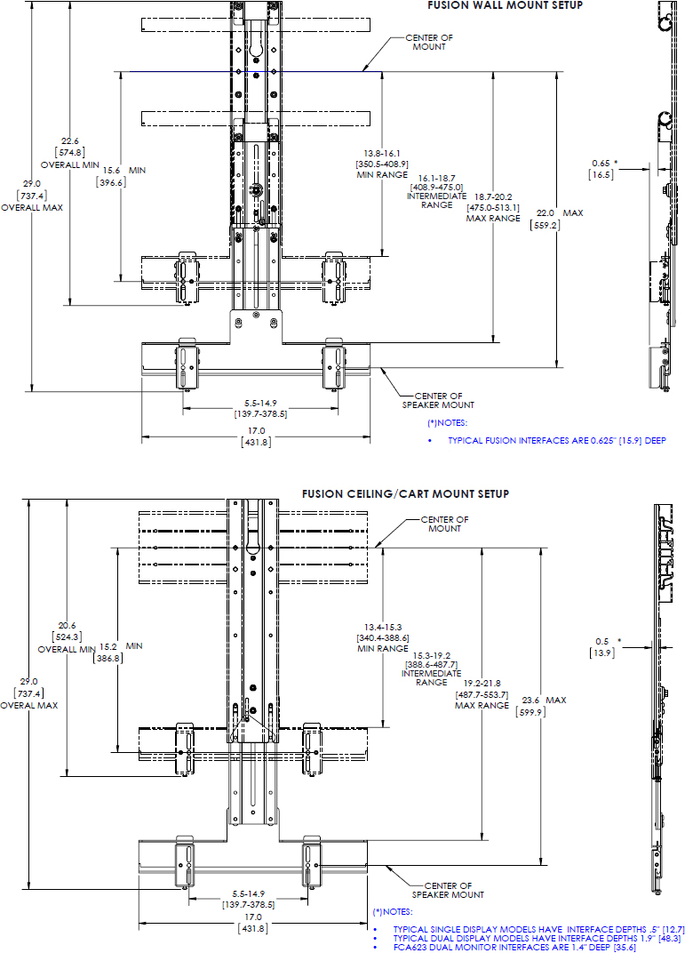 Technical drawing for Chief FCA800 Fusion 8" Above or Below Shelf for Large Displays