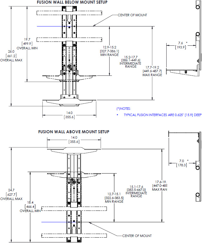 Technical drawing for Chief FCA801 Fusion 14" Above/Below Shelf for Large Displays
