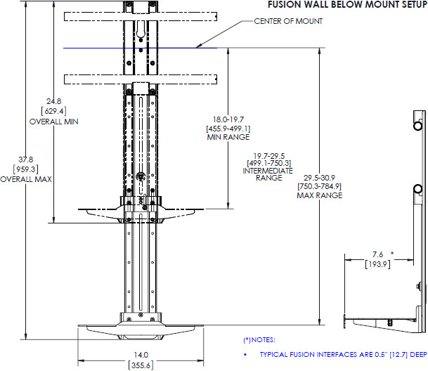 Technical drawing for Chief FCA811 Fusion 14" Above/Below Shelf for XL Displays