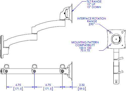 Technical drawing for Chief KRA222 Kontour K2C Expansion Arm Kit