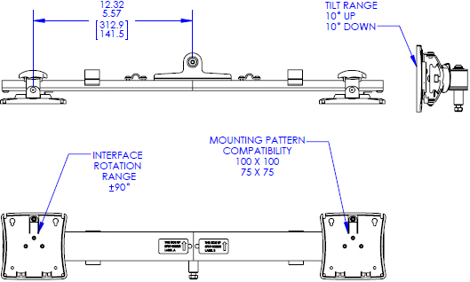 Technical drawing for Chief KRA223 Kontour Dual Monitor Array Accessory