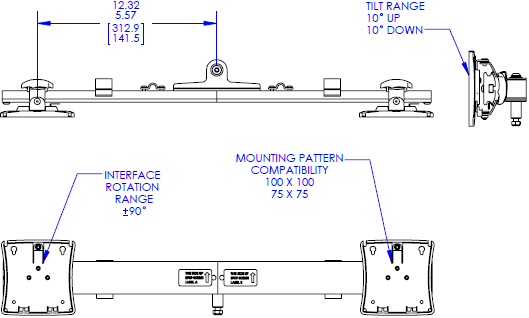 Technical drawing for Chief KRA223 Kontour Dual Monitor Array Accessory