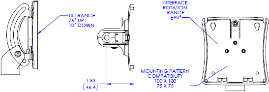 Technical Drawing for Chief KRA225B or KRA225S Kontour Centris Extreme Tilt Monitor Head Accessory
