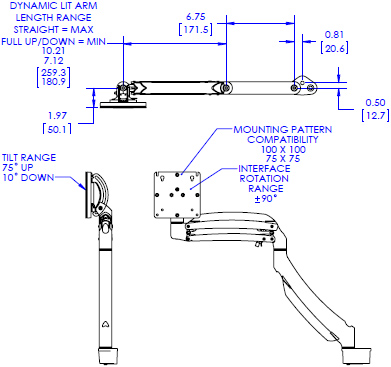 Technical Drawing for Chief KRA227B or KRA227S K1D, K1P, K1S and K1W Dual Monitor Upgrade Kit