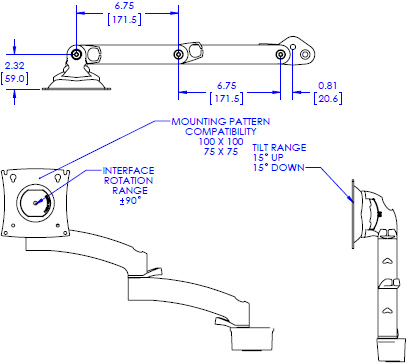 Technical Drawing for Chief KRA228B or KRA228S K2P, K2W Dual Monitor Upgrade Kit