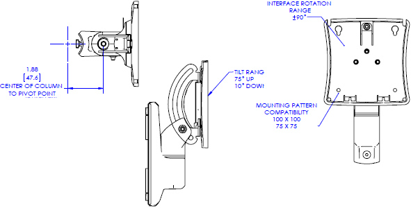 Technical Drawing for Chief KRA231 K1C and K2C Column Mounted Extreme Tilt Head Accessory