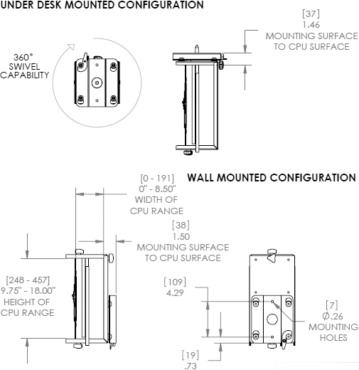 Technical Drawing for Chief KSA1020B CPU Wall or Desk Mount