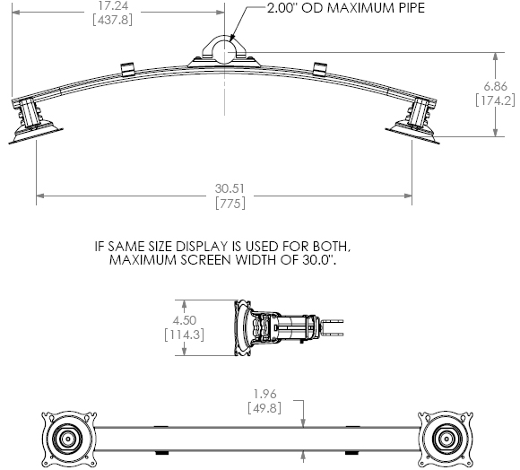 Technical Drawing for Chief KTA225B or KTA225S Widescreen Dual Monitor Pole Clamp