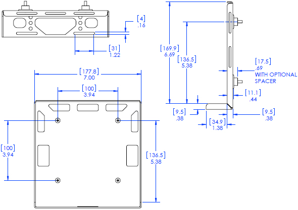 Technical Drawing for Chief PAC260D Digital Media Player Direct to Display Mount VESA100