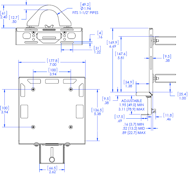 Technical Drawing for Chief PAC261P DMP Pole Mount with Power Brick Adapter